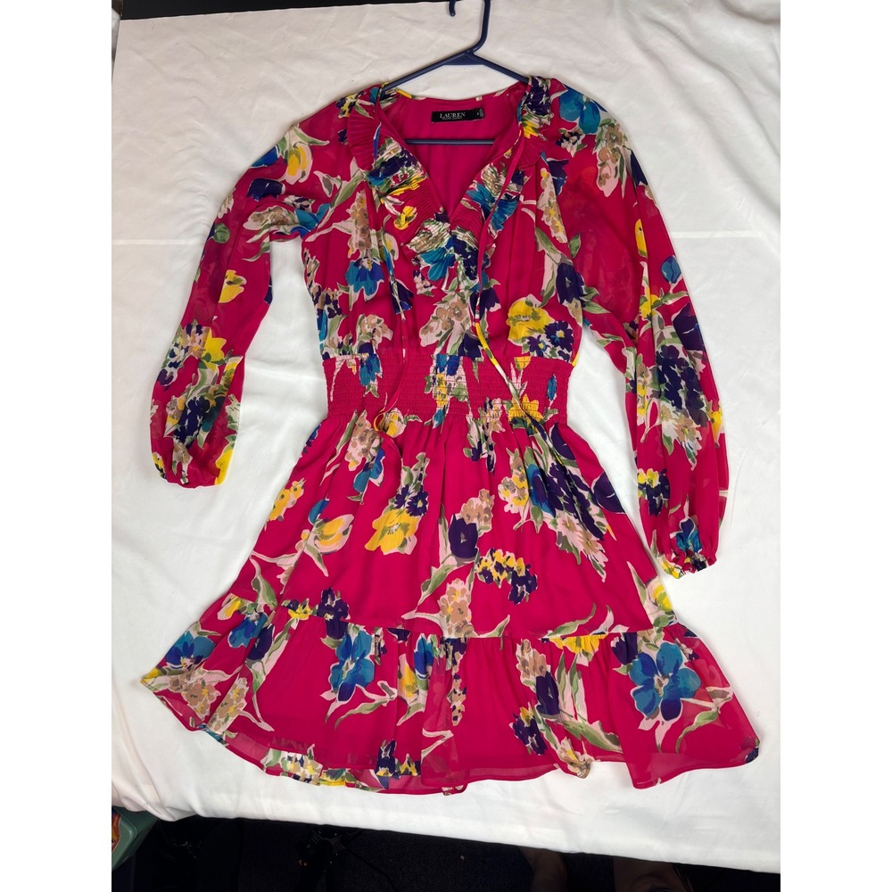 Lauren Ralph Lauren Pink Floral Smocked Waist Ruffle Mini Dress Size 2